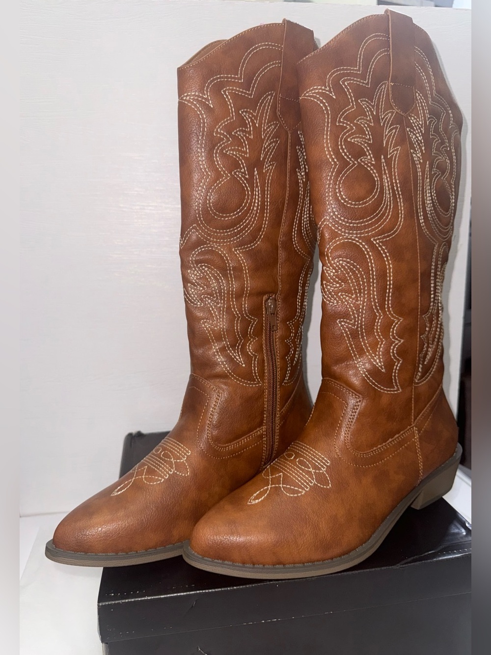 mysoft Embroidered Mid-Calf Cowboy Boots Pointed Toe BlockHeel Size 7.5